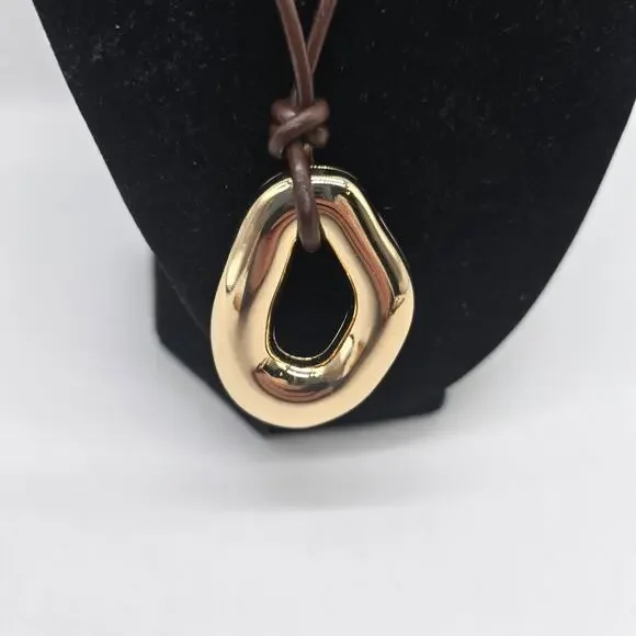 Atterri Brown Leather Cord Necklace and Gold Tone Pendant Adjustable Minimalist - Picture 2 of 5